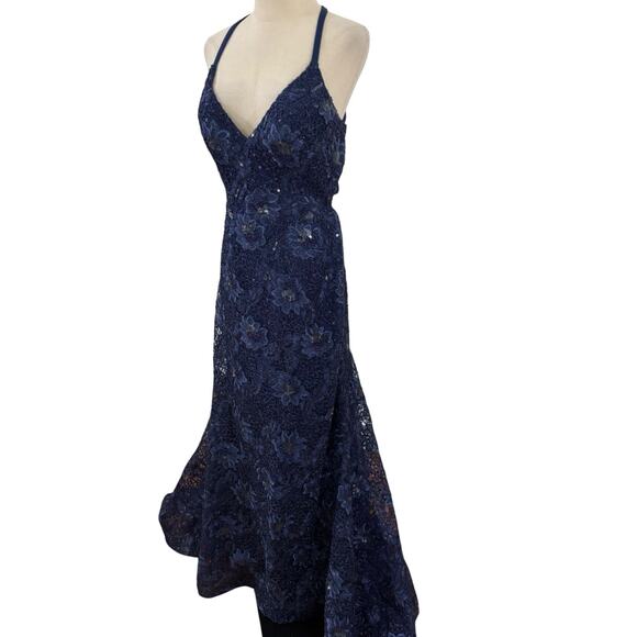 Betsy Adam Evening Gown Dress Navy Blue Lace Beaded Sequin Fit Flare Train Prom - Picture 4 of 8